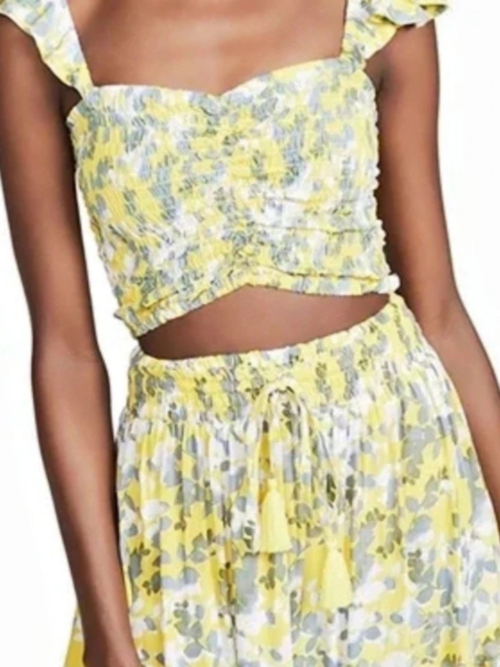 Tiare Hawaii Floral Smocked Crop Top & Skirt Matching Set in Yellow & Gray